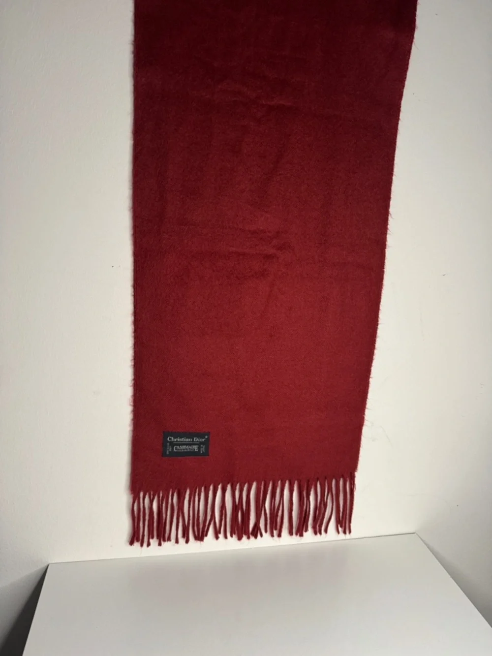 Christian Dior Red Fringed Acrylic Scarf Vintage Logo Made in Japan